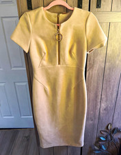 Calvin Klein Beige Solid Sheath Dress Round Neck Zip Front Ring Pull, Sz 4 picture