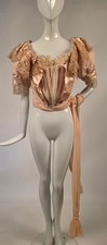 VICTORIAN 1880’S PINK CREPE + SILK SATIN PUFF SLEEVE BODICE W LACE + CHIFFON picture