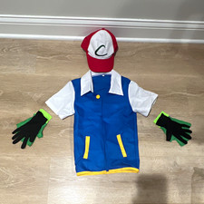 Pokemon Boys Costume Complete Outfit Blue/White Shirt, Red/White Hat, Gloves picture