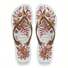 Havaianas Slim Organic Women's Flip Flops White Golden Floral Print Sandals New picture