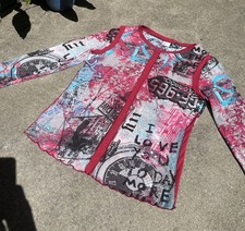 VINTAGE 2000s Grunge Mesh Graffiti Graphic Print Long Sleeve Top Y2K Punk Emo 14 picture
