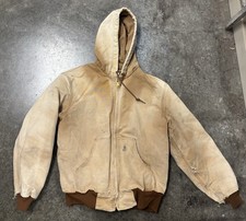 VTG Carhartt Union Made USA Duck Canvas Hooded Work Jacket Distressed Faded J131 picture