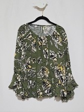 NWT John Paul Richard Olive Green Floral Blouse - Statement Bell Sleeve - Size L picture