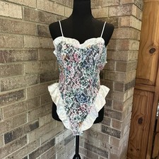 80s VTG Victoria's Secret Gold Label Floral Lace Teddy Bodysuit Ruffle Size L picture