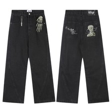 VESCARTES Black Baggy Jeans Skull Skeleton Embroidered Wide Leg Y2K M-XL picture