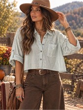 NWOT POL Light Blue Cropped Button-Up Shirt picture