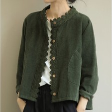 Lady Corduroy Coat Shirt Jacket Blouse Top Lace Button Loose Casual Retro Soft picture