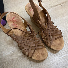 Jellypop Women’s Brown Strappy Wedge Sandals Suede Woven Buckle US 9 picture