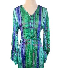 Vintage Anne Crimmins UMI 100% Silk Midi Dress Green Blue Bell Sleeve Size 8 picture
