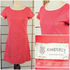 Vintage 60s Kimberley Pure Wool Knit Shift Dress Coral Cream Mod Chevron Size S picture