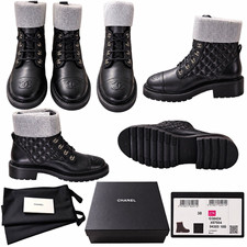 CHANEL Women’s Black Quilted Lambskin Lace-Up Ankle Combat Boots EU 38 picture