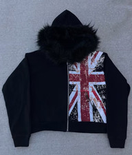 Men's & Women's Y2K Union Jack British Flag Hoodie with Faux Fur Trim - Punk Ret picture