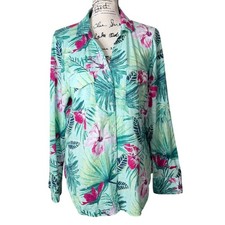 Tommy Bahama Women Large Tropical Top Button-Up Shirt Long Sleeve Green Pink NEW picture