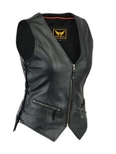 Womens Motorcycle Leather Vest Genuine Cowhide Leather Black Concealed Carry picture