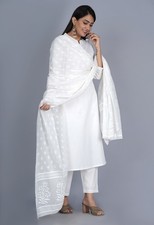 Bollywood Style Women White Cotton Kurta Set with Dupatta picture