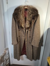 VTG 70s Sears Donegal Tweed Wool Overcoat Fur Collar Mens Double Breasted Trench picture