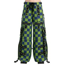 Men's Cyber Goth Cargo Shorts Green Blue Checkered Bondage Straps Wide Leg Punk picture