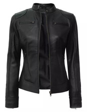 Women’s Genuine Leather Jacket Biker Moto Lambskin Black Slim Fit picture