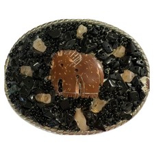 Oval Belt Buckle Carved Elephant Stone Chip Mosaic Seed Beads Silver Tone picture