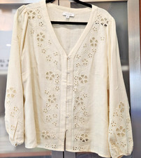 Calligraphie  Plus Size 2X Cream  embroidered  Floral Linen Blend Top Long sleev picture