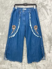 PINK HOUSE Japan Wide Leg Jeans Women's Floral Embroidered Patches Ruffles Blue picture