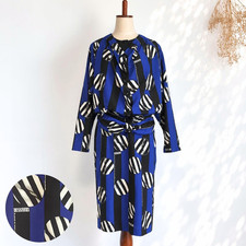 VTG 80s LIME MALA Sanrose 2 Pc Set Blue Black Abstract Print Blouse Skirt picture