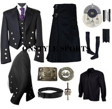 Men’s Full Highland Dress Kilt Outfit – 10-Piece Black Formal Prince Charlie Set picture