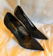 Saint Laurent Paris Black Studded Mesh Leather Stiletto Pump Pointed Toe 37.5 picture