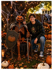 1pc 40cm Or 98cm Orange Pumpkin Head Skeleton Decoration, Posable Jointed Hallow picture