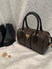 GUESS Brown & Black Monogram Boston Handbag with Gold-Tone Hardware picture