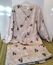 Womens Classy Cat Pajama  2 pc Set XL Gray 100% Cotton Sleepwear Kitty Flannel picture