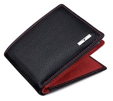 NEW BLACK/RED BI-FOLD LEATHER MEN'S WALLET RFID PROTECTION GIFT ITEM picture