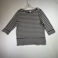 J Jill Womens M Navy Ivory Striped Boat Neck 3/4 Slve Cotton Rayon Top Preloved  picture