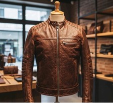Men’s Brown Vintage Leather Biker Jacket Slim Fit Motorcycle Cafe Racer Coat picture