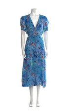 Saloni Lea Cutout Blue Silk Floral Midi Dress US 8 Gold Cat Buttons Up Front picture