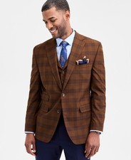 Tayion Collection Classic-Fit Plaid Suit Separate Jacket Men's 40S Brown/Navy picture