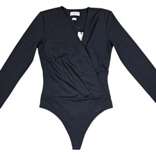 Aritzia Contour Bodysuit Women's size SMALL Black Long Sleeve Faux Wrap Thong picture
