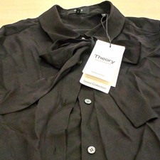Theory Women's Black Silk Chiffon Collared Tie Button-Up Blouse L picture