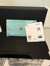 New 26K CHANEL Iridescent Turquoise Croc Print Card Holder Wallet CC Gold Logo picture