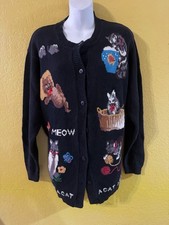 Vtg Quacker Factory A Cat Is A Cat Cardigan Sweater Black Embroidered Knit Sz 1X picture