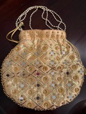 Indian Pakistani Potli Bag – Gold Mirror Work, Pearl Handle, New picture