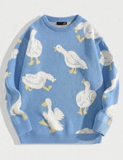 Unisex Duck Print Knit Sweater Blue Oversized Crewneck Pullover Cute Y2K Fashion picture