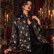 Vintage Reversible Satin Floral Asian Jacket Black Red Frog Closure S Whimsigoth picture