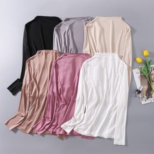 Women's 100% Mulberry Silk Knitted Mid Neck T Shirt Undershirt Long Sleeve Top picture
