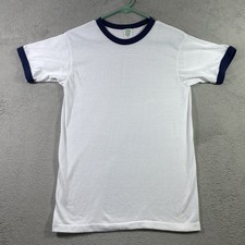 Vtg 80s Xpres Knits Blank Ringer Tee T Shirt Men Medium blue Trim single Stitch picture