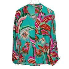 Jodifl Vibrant Teal Long Sleeve Button Up Shirt S Floral Tropical Maximalist picture