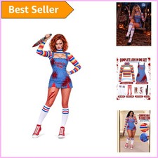 Flirty Creepy Doll Costume for Women: Red Fishnets & Prop Dagger for Halloween picture