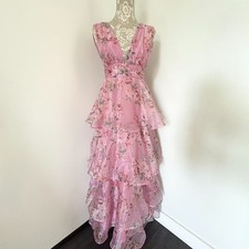 Lulus Womens Small Pink Floral Organza Tiered Ruffle Maxi Dress V-Neck picture