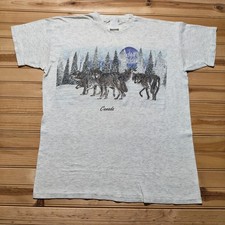 Vintage 90s Wolf Pack Canada Moon Wildlife Nature Animals Graphic T-Shirt Large picture