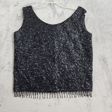 Vintage 60s Black Sequin Beaded Top Womens M Black Fringe Wool Party Rat Pack picture